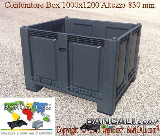 Box in Plastica 1000x1200 h.975 mm. 4 Pareti Ripieghevoli, di cui 4 sportelli abbattibili; Peso 49 Kg. Capacità in Litri 800; Fornito con Coperchio.