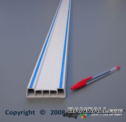 Profilato in Plastica  70x20 mm. Stecche Verghe in PVC Bianco con 2 Striauture in Gomma Blu, per uso Universale. Venduto al Metro Lineare, Tagliato su Misura.