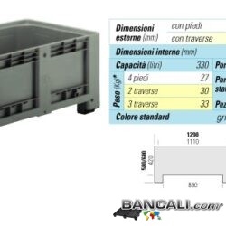 Euro Box 800x1220 mm h. 580 mm; 350 Litri; Cassone in Plastica HDPE: Pareti chiuise, Fondo Chiuso;  Atossico, Plastiche nobili, per uso alimentare, ADDITTIVATO ANTIINVECCHIAMENTO per i raggi UV, dotato di 2 Traverse o Slitte. Peso Tara: 26 Kg.